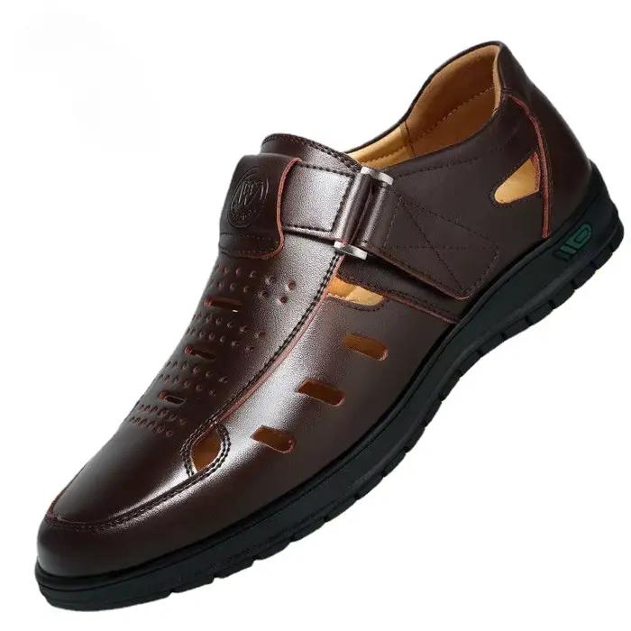 Sandales d'été en cuir véritable pour hommes, chaussures décontractées respirantes, sabots à enfiler