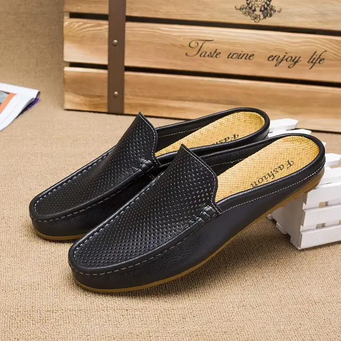 Mocassins respirants en cuir véritable pour hommes, demi-pantoufles pour hommes, mocassins à enfiler