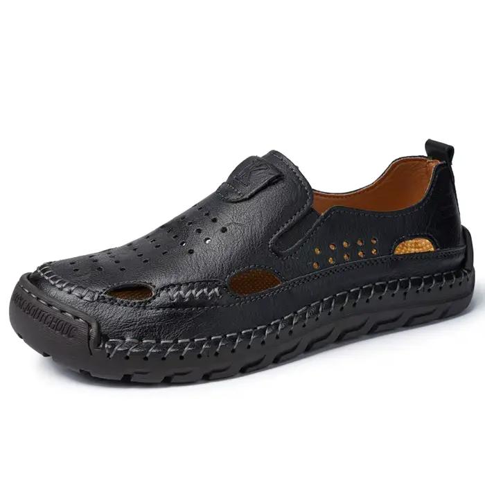Sandales pour hommes en cuir rétro, légères, décontractées, de sport, confortables, ajourées, pour l