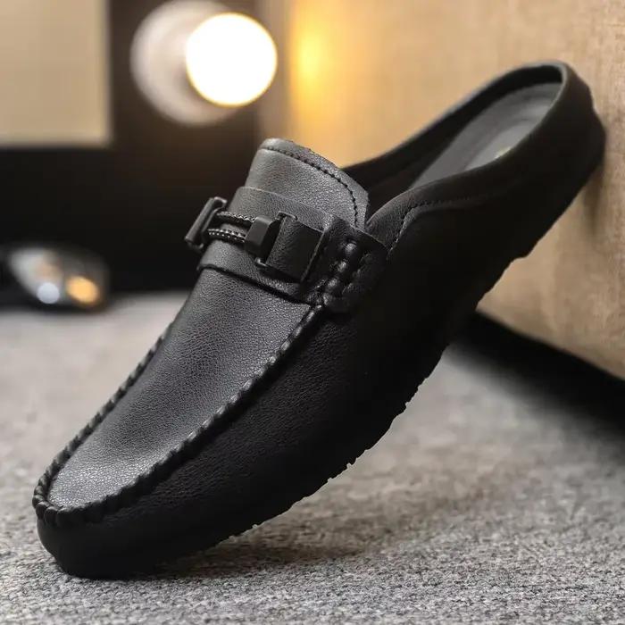 Hommes demi pantoufles été en cuir respirant hommes chaussures décontractées sans lacet paresseux co