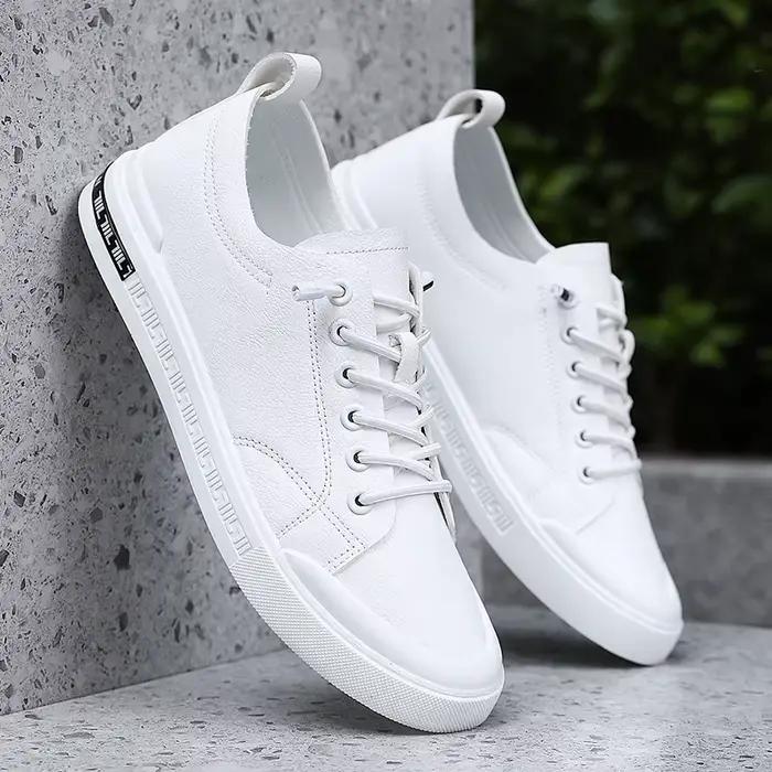 Baskets basses décontractées en similicuir blanc pour hommes, à enfiler, avec lacets élastiques, sem