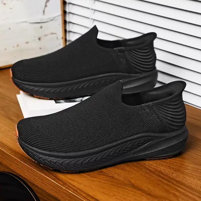 Chaussures de course noires en tricot pour hommes, respirantes, légères, confortables, antidérapante