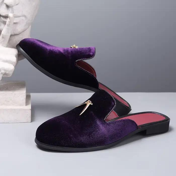 Mode nouveaux hommes velours glands demi pantoufles mocassins mâle décontracté violet vert bleu noir Mules