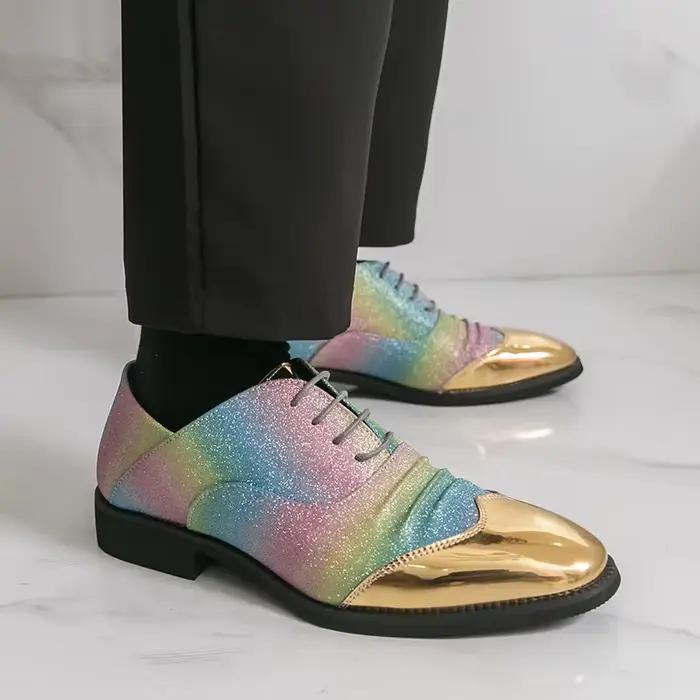 Chaussures habillées de luxe élégantes pour hommes, Oxfords en cuir de créateur à lacets, pour le bureau, les mariages, les fêtes, chaussures formelles pour hommes, paillettes dorées brillantes