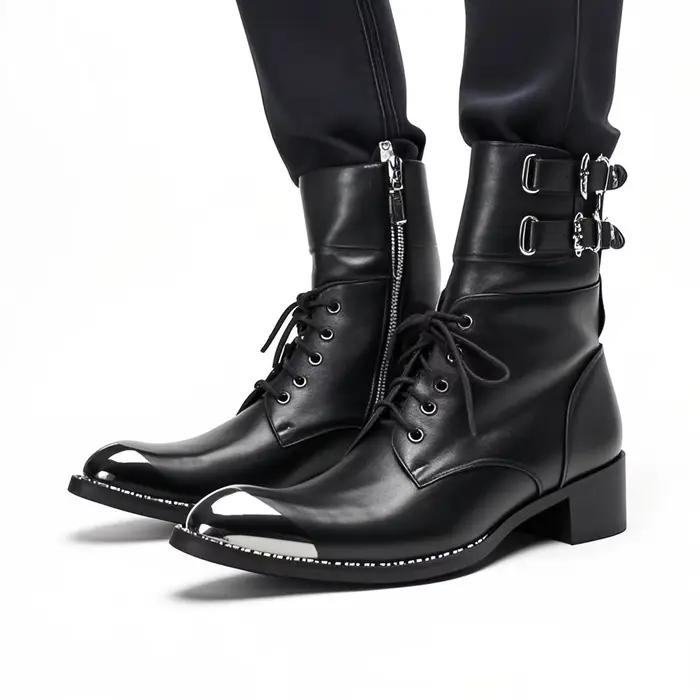 Bottes de cow-boy homme en cuir véritable bout pointu talon élevé mi-mollet pour style de rue printemps automne occidentales bottes de fête bottes chelsea grandes tailles