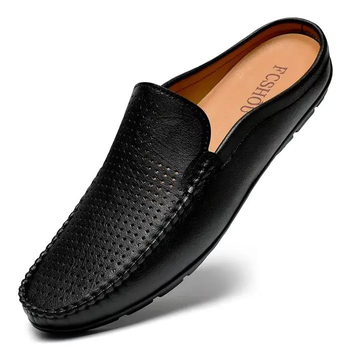 Chaussures décontractées en cuir véritable Realheren pour hommes demi-chaussures d'été mules perforées à enfiler noir et beige ocasions décontractées
