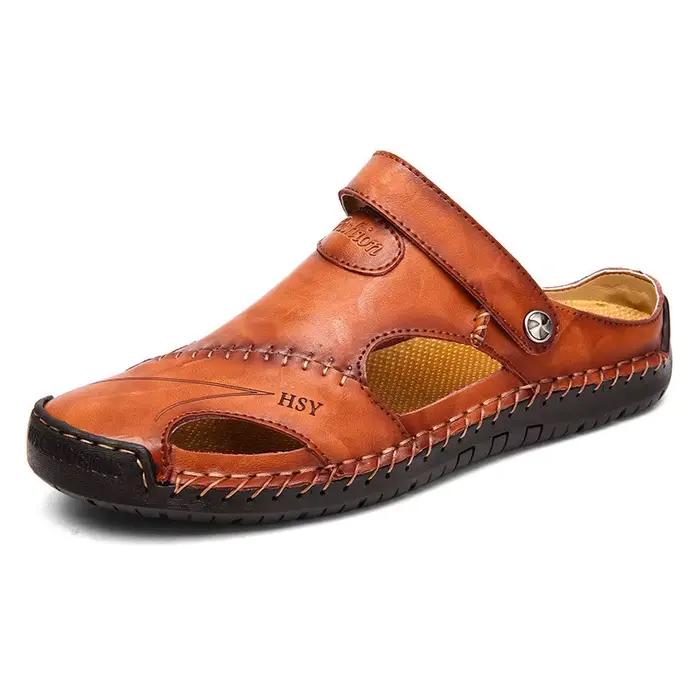 Sandales d'été pour hommes, chaussures de marque en cuir véritable, chaussures romaines classiques, baskets d'extérieur, sandales de plage en caoutchouc pour Trekking