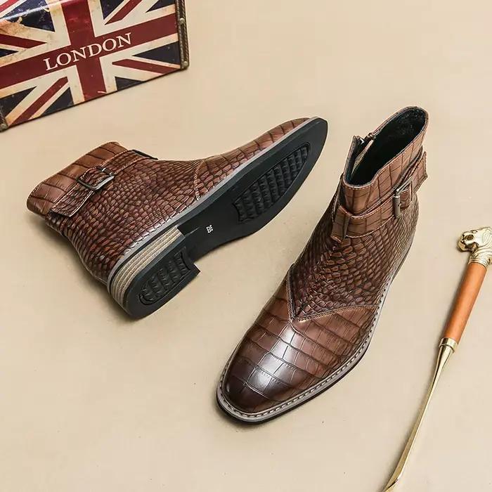 Bottes de banquet haut de gamme pour homme, bottines d'hiver, chaussures d'affaires pointues en cuir véritable, marron rétro, taille : 38-46