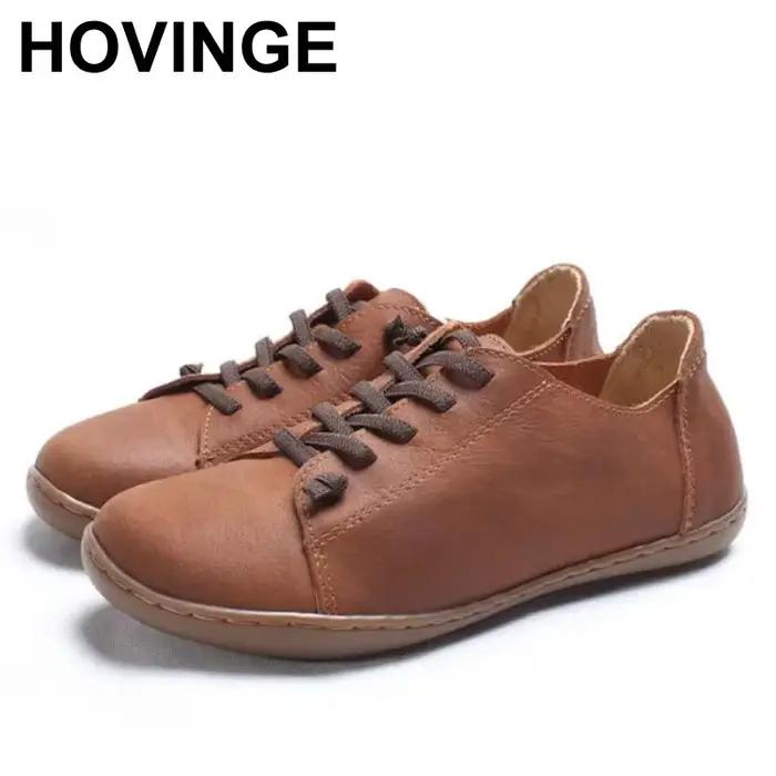 HOVINGE femmes chaussures plat authentique en cuir véritable bout uni à lacets dames