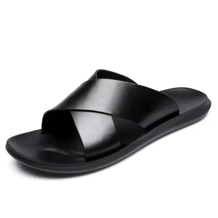 Sandales pour hommes pantoufles en cuir véritable marque de luxe mode chaussures plates pour homme décontracté antidérapant plage Sandalia Zapatos Hombre 2024