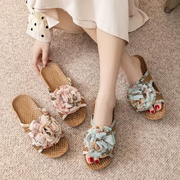 Nouvelles pantoufles d'été rafraîchissantes pour la maison avec nœud, chaussures d'intérieur en rotin, antidérapantes