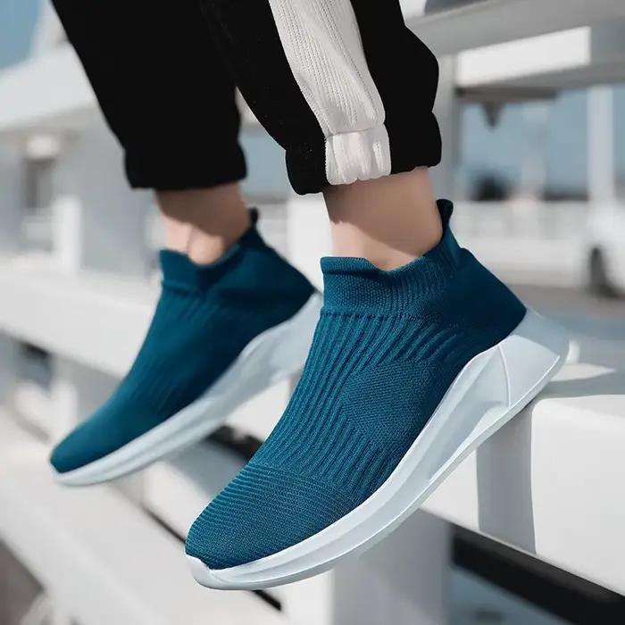 Chaussures de chaussette en maille pour hommes, printemps automne, décontractées, respirantes, résistantes à l'usure, bout rond, mocassins, semelle EVA, doublure tissu, bleu ciel, kaki, noir, bleu, confort optimal, promenades en ville, événements informels