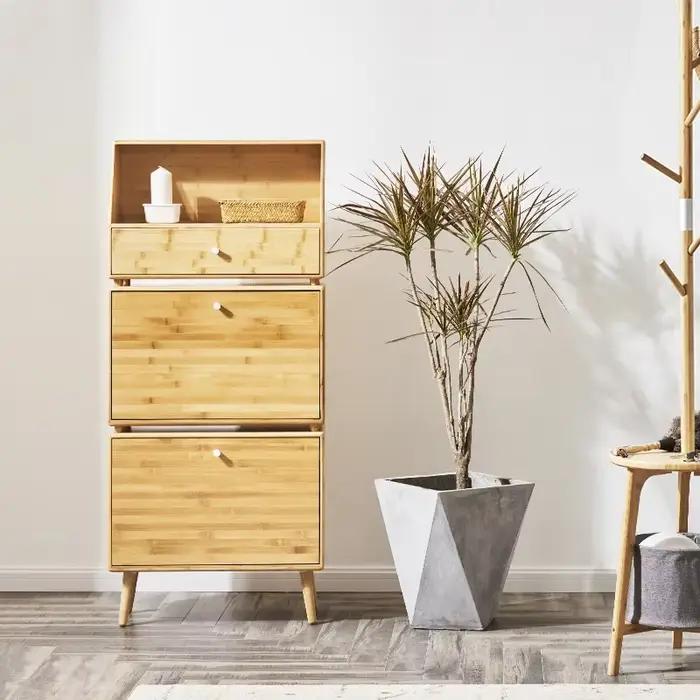 Armoire à chaussures minimaliste en bambou, étagère à chaussures moderne à rabat, organisateur de porte spacieux, unité de rangement personnalisable pour chaussures