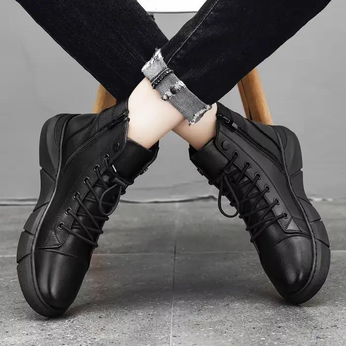 Bottes de rinçage en cuir noir pour hommes style britannique printemps automne confort plat forme de bout rond occassions extérieures et travail