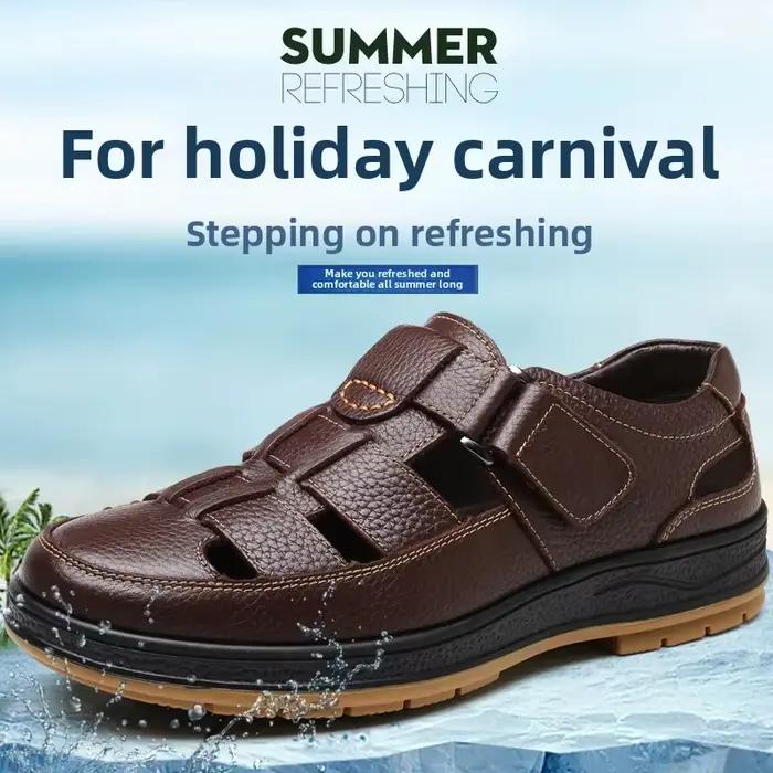 Sandales en cuir véritable pour hommes, chaussures d'été respirantes et décontractées, fond souple, antidérapant, Design ajouré, chaussures confortables pour papa