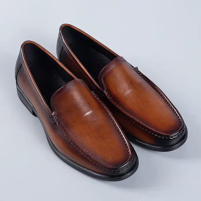 Nouvelles Chaussures Habillées Marron Vintage 2026 pour Hommes – Mocassins d'Affaires Élégants en Cuir Véritable à Enfiler