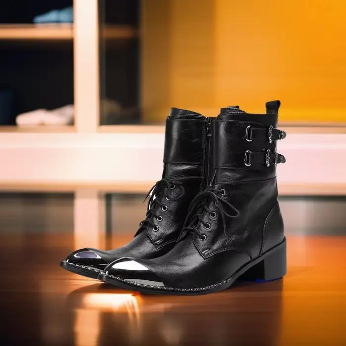 Bottes de cow-boy homme en cuir véritable bout pointu talon élevé mi-mollet pour style de rue printemps automne occidentales bottes de fête bottes chelsea grandes tailles