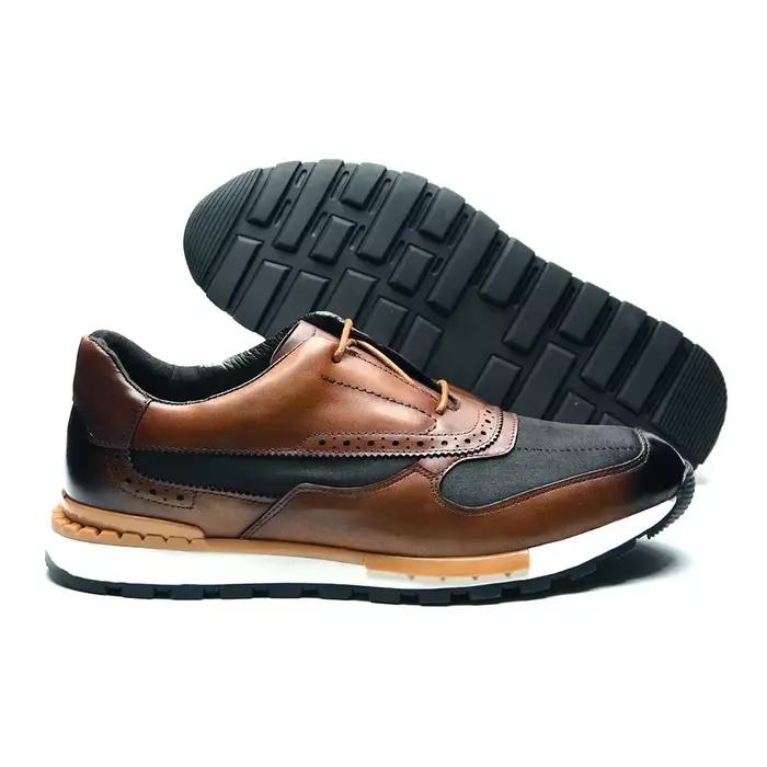 Marque de luxe concepteur hommes baskets en cuir véritable et tissu Patchwork à lacets marron richelieu Oxford