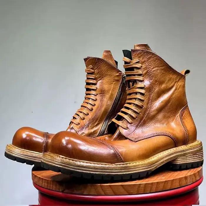 Bottines en cuir véritable faites à la main pour hommes, style britannique, printemps automne, bout rond, talons moyens, pour affaires et loisirs, bottes montantes élégantes à offrir