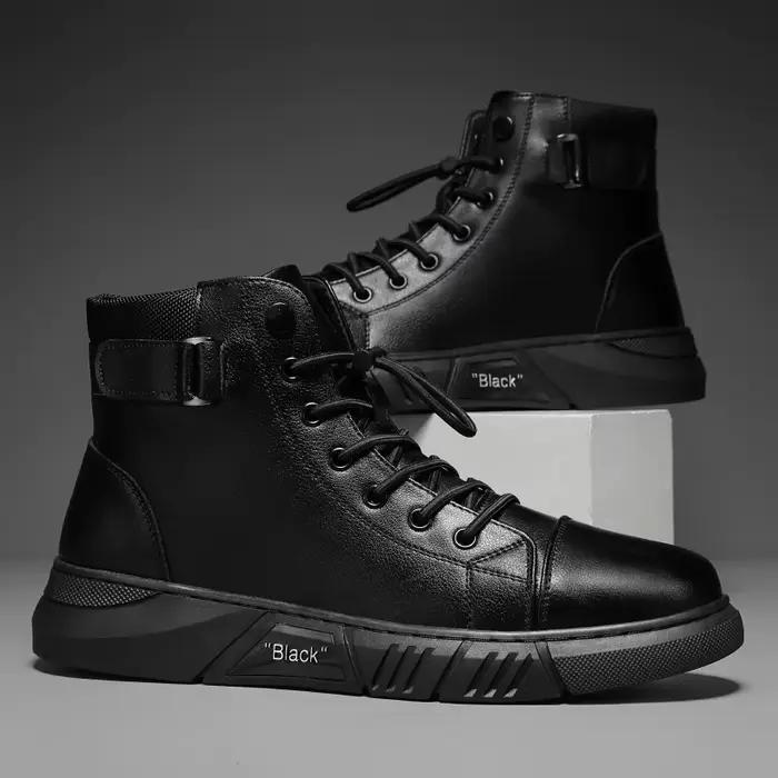 Bottes de rinçage en cuir noir pour hommes style britannique printemps automne confort plat forme de bout rond occassions extérieures et travail