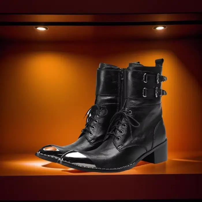 Bottes de cow-boy homme en cuir véritable bout pointu talon élevé mi-mollet pour style de rue printemps automne occidentales bottes de fête bottes chelsea grandes tailles