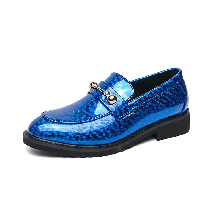 Chaussures en cuir verni pour hommes, mocassins de luxe bleus de style européen et américain, haut de gamme, pour banquets, trajets quotidiens, fêtes, chaussures habillées formelles, taille : 38-46