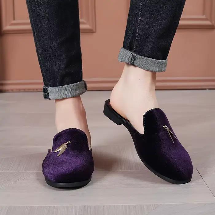 Mode nouveaux hommes velours glands demi pantoufles mocassins mâle décontracté violet vert bleu noir Mules