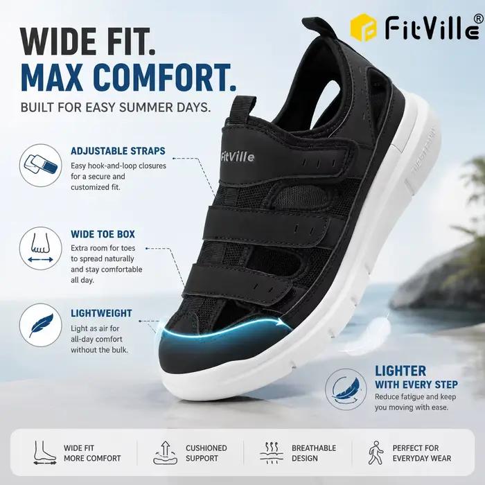 Sandales FitVille pour hommes extra larges antidérapantes semelles intérieures amorties brides réglables pour le confort des pieds occasions décontractées