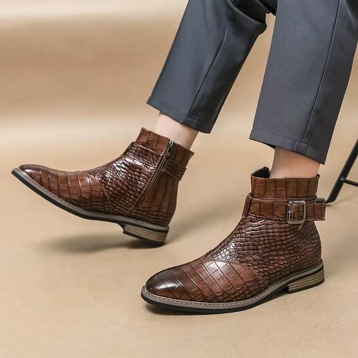 Bottes de banquet haut de gamme pour homme, bottines d'hiver, chaussures d'affaires pointues en cuir véritable, marron rétro, taille : 38-46