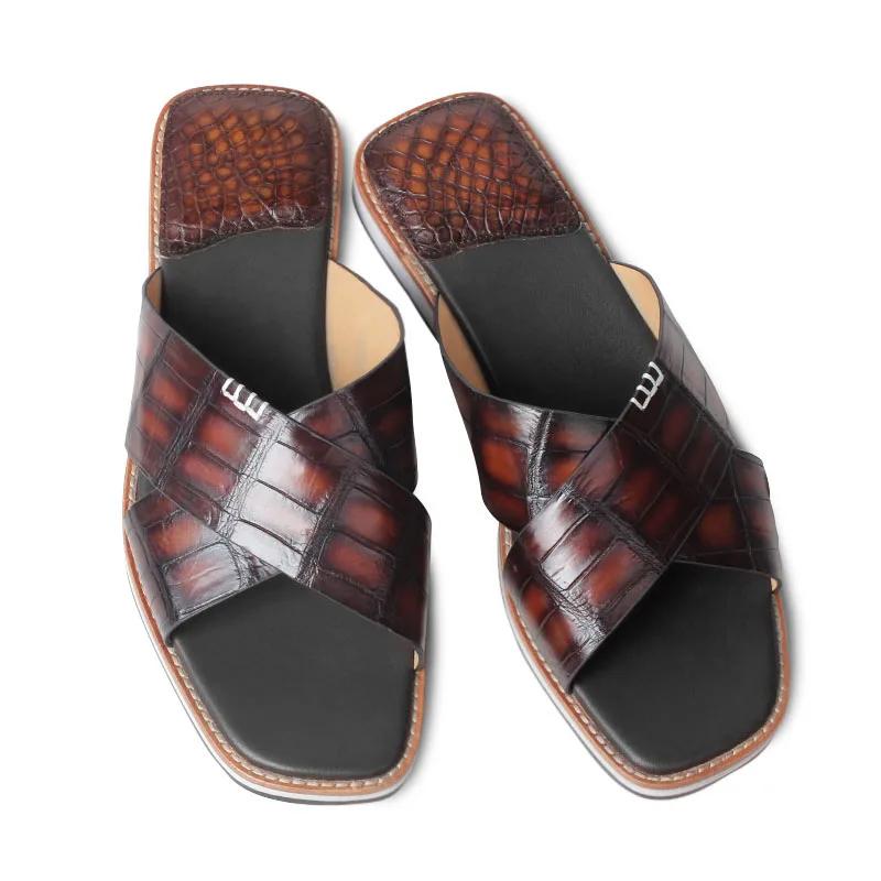Pantoufles en cuir de Crocodile pour hommes, chaussures habillées décontractées, durables, confortab