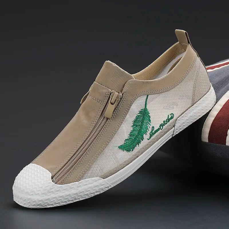 Mocassins plats en toile à double fermeture éclair pour hommes, chaussures canisées pour écoliers, b