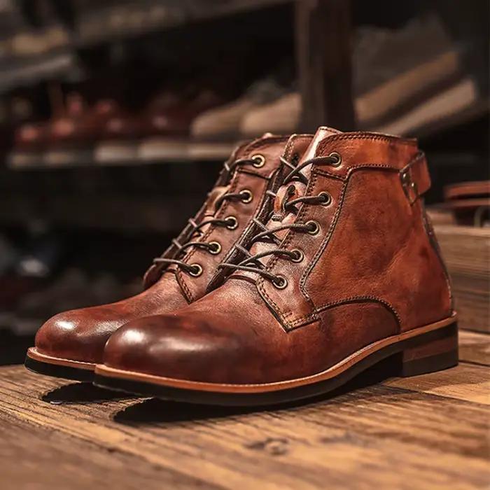 Bottines en cuir faites à la main pour hommes, bottines rétro à bout rond, de luxe, Style Punk Stree