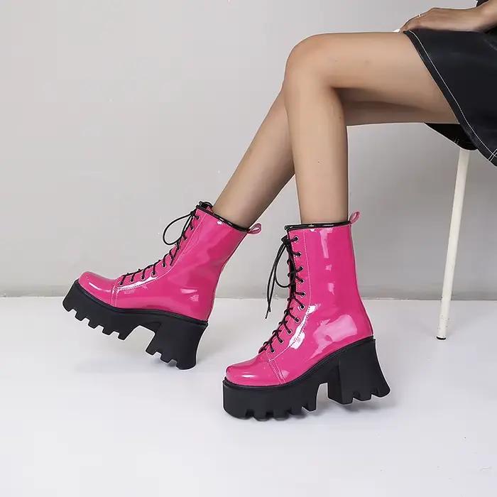 Bottes mi-mollet en cuir verni brillant, sangles croisées, super optique, haute rose, rouge, style d