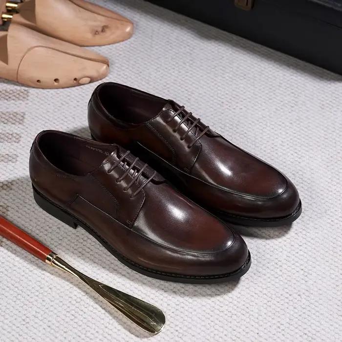 Chaussures Derby de Style italien pour hommes, faites à la main, en cuir véritable, bout uni, à lace
