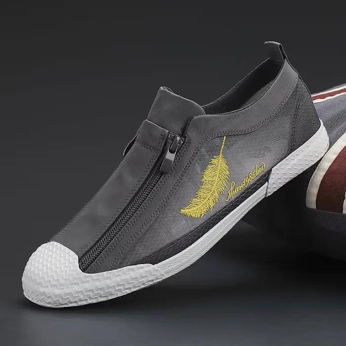 Mocassins plats en toile à double fermeture éclair pour hommes, chaussures canisées pour écoliers, b