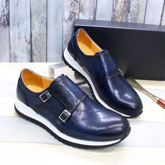 Chaussures en cuir classiques à double boutonnage pour hommes, chaussures rondes Parker, chaussures