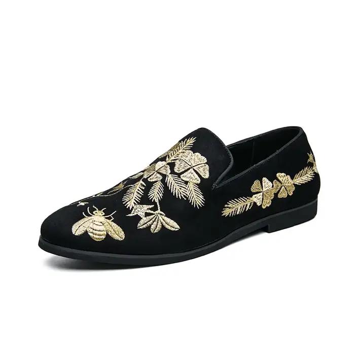Mocassins en Daim Noir Brodé de Fleurs pour Homme, Chaussures d'Affaires Décontractées, à la Mode