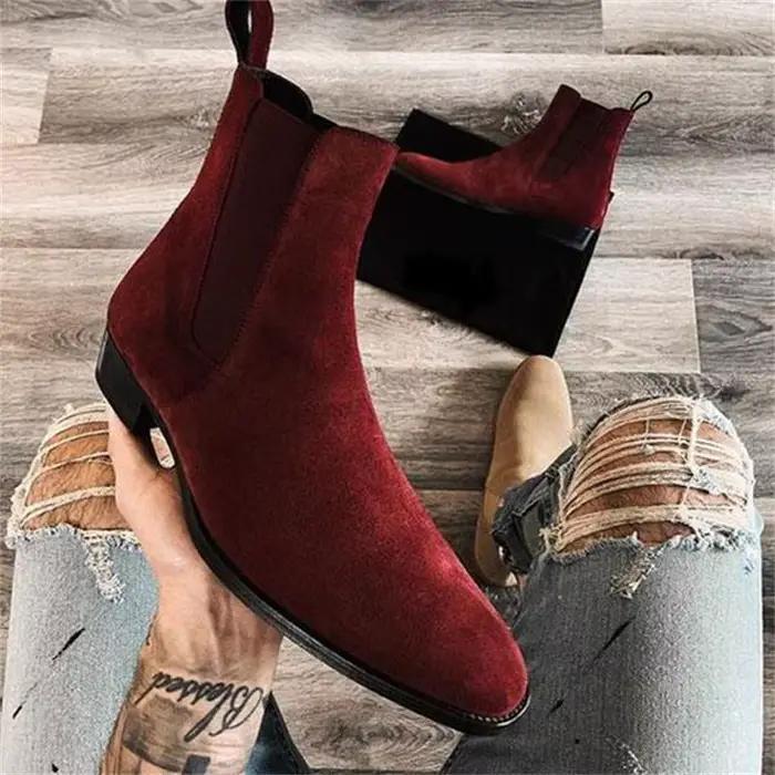 Bottes Chelsea pour hommes vin rouge noir Faux daim affaires à talons bas à la main mode livraison g