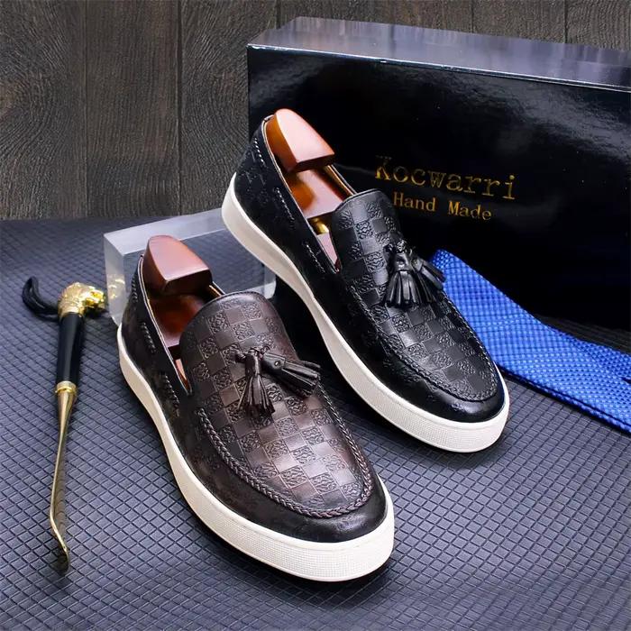 Chaussures Plates Confortables en Cuir pour Homme, Décontractées, Faites à la Main, à Motif de Pompo