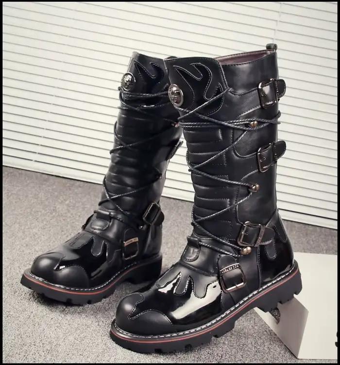 Bottes de moto au genou en cuir véritable pour hommes, demi-bottes de neige, punk, nouveau, rock, hi