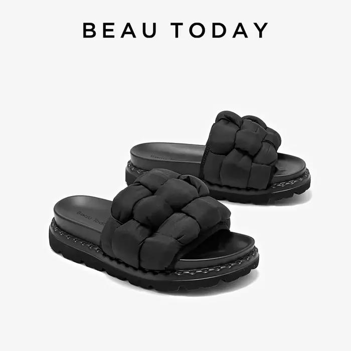 BEAUTODAY-Pantoufles d'Extérieur en Tissu Solide, Chaussures Plates Confortables et Décontractées, F