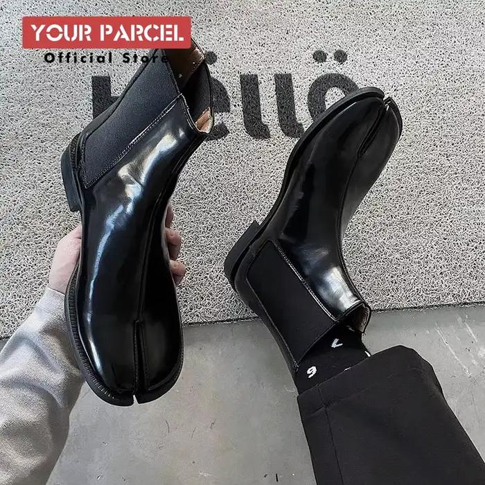 Bottes en cuir à bout fendu pour hommes, chaussures en cuir à bout carré, bottes courtes de style an