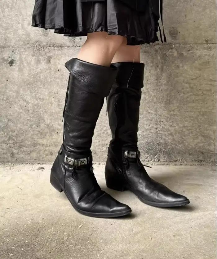 Bottes hautes Vintage à bout pointu avec boucle en métal noir, chaussures plates à lacets en cuir so