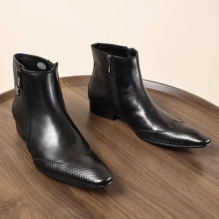 Chaussures montantes pour hommes avec fermeture éclair, bout pointu, style britannique, en cuir véri