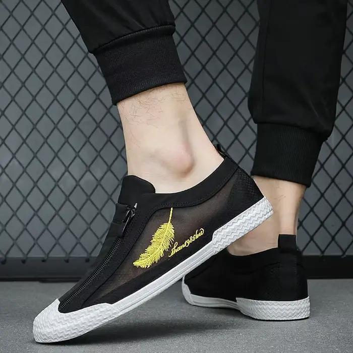 Mocassins plats en toile à double fermeture éclair pour hommes, chaussures canisées pour écoliers, b