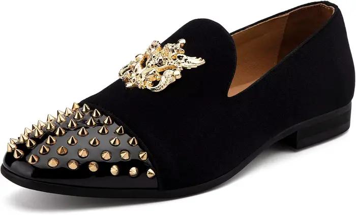 Mocassins en velours pour hommes, chaussures habillées avec embellissements en métal, chaussures moc