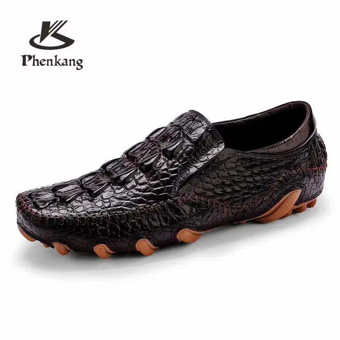 Phenkang hommes en cuir véritable été Alligator Texture Slip-On chaussures décontractées hommes moca