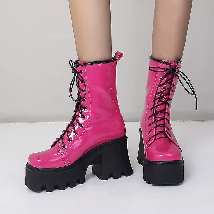 Bottes mi-mollet en cuir verni brillant, sangles croisées, super optique, haute rose, rouge, style d