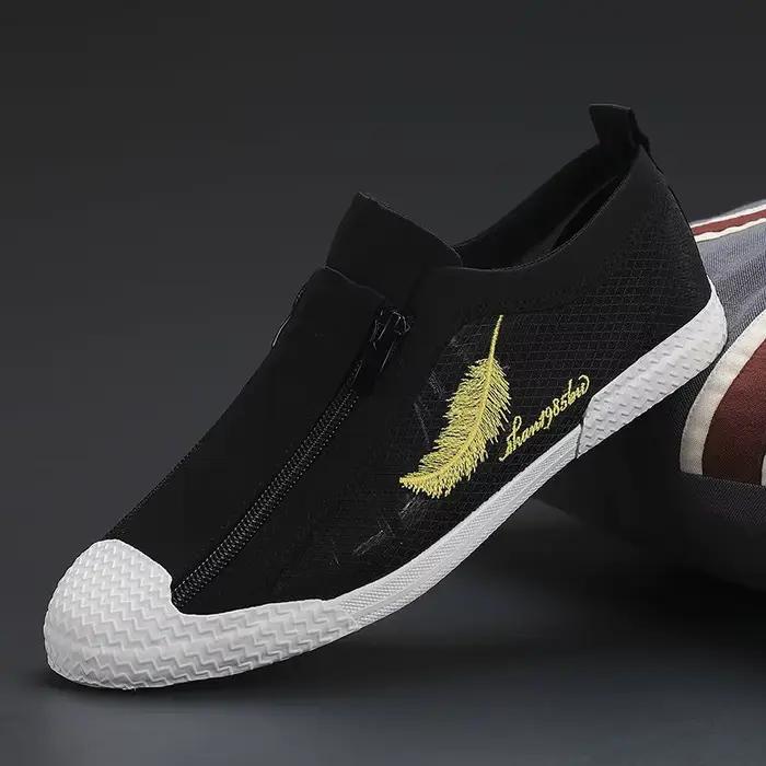 Mocassins plats en toile à double fermeture éclair pour hommes, chaussures canisées pour écoliers, b