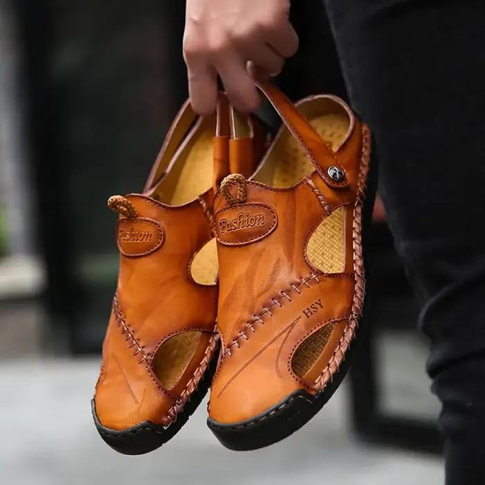 Mode hommes sandales en cuir véritable été plage pantoufles mâle antidérapant doux confortable chaussures de plein air de haute qualité homme sandales